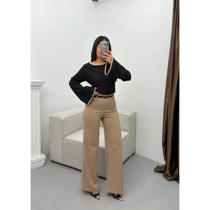 Kemerli Scuba Palazzo Pantolon - BEJ