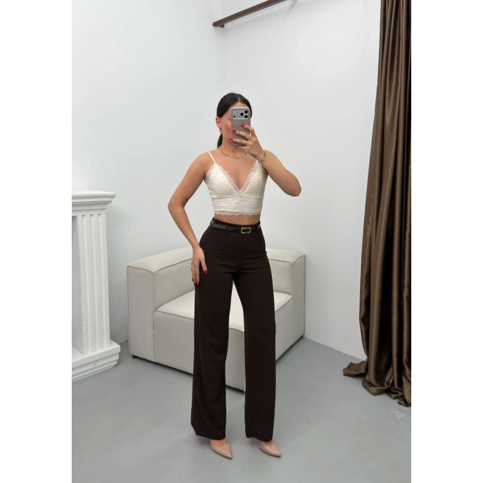 Kemerli Scuba Palazzo Pantolon - KAHVE