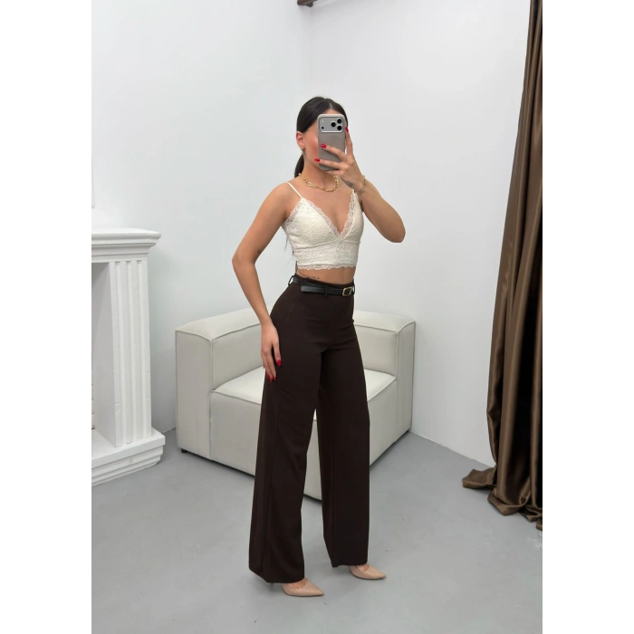 Kemerli Scuba Palazzo Pantolon - KAHVE