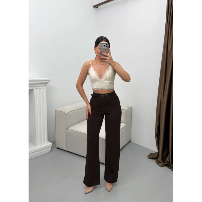 Kemerli Scuba Palazzo Pantolon - KAHVE