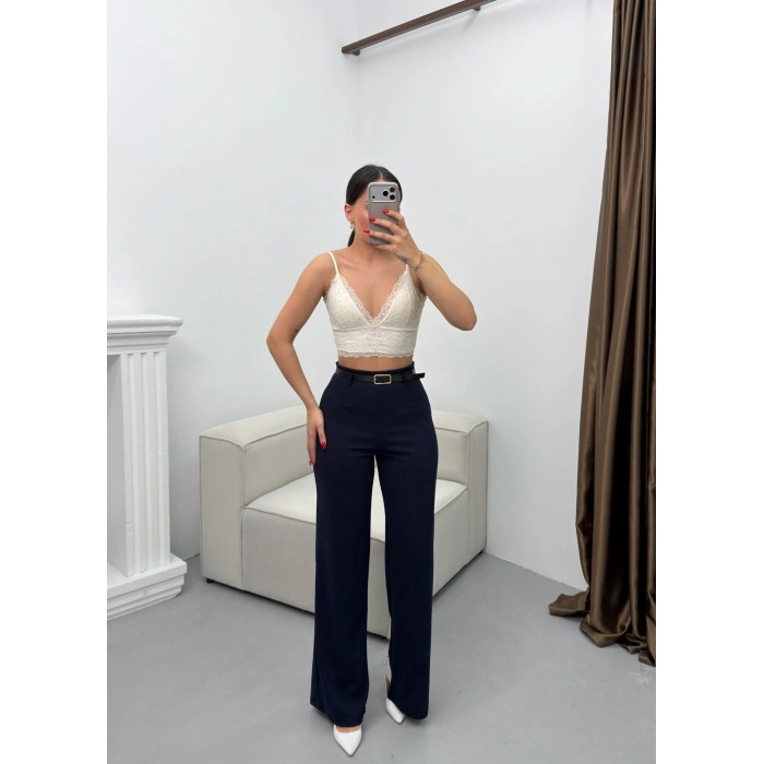 Kemerli Scuba Palazzo Pantolon - LACİVERT