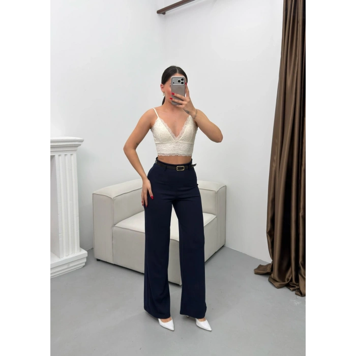 Kemerli Scuba Palazzo Pantolon - LACİVERT