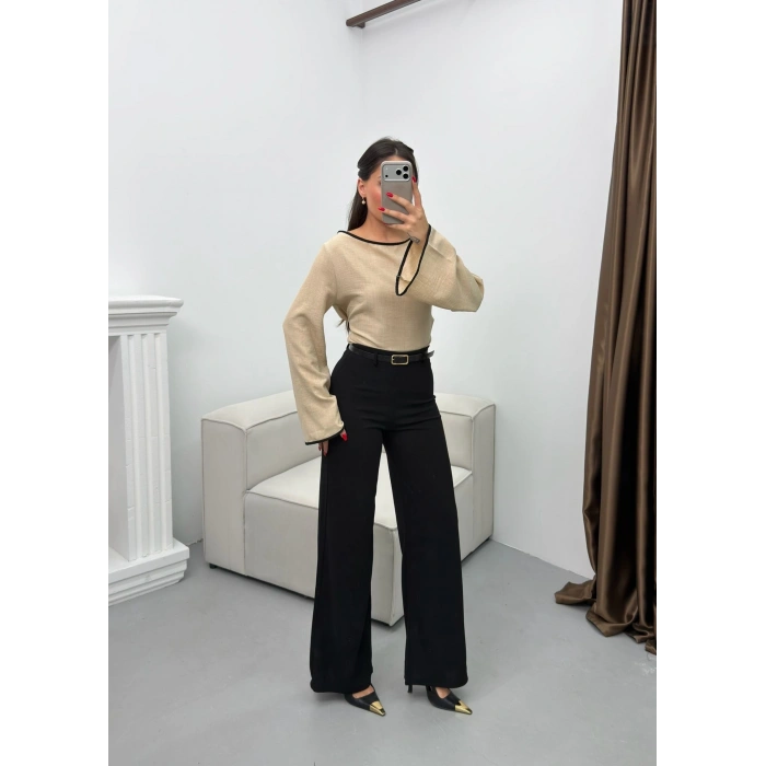 Kemerli Scuba Palazzo Pantolon - SİYAH