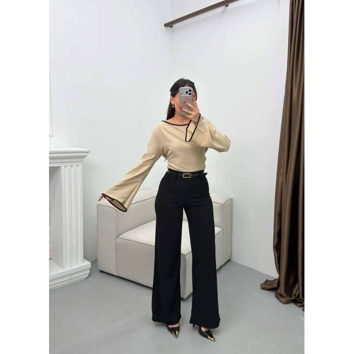 Kemerli Scuba Palazzo Pantolon - SİYAH