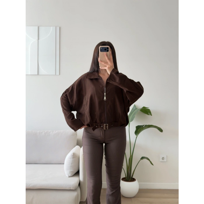 Kemerli Süet Bomber Ceket - KAHVE