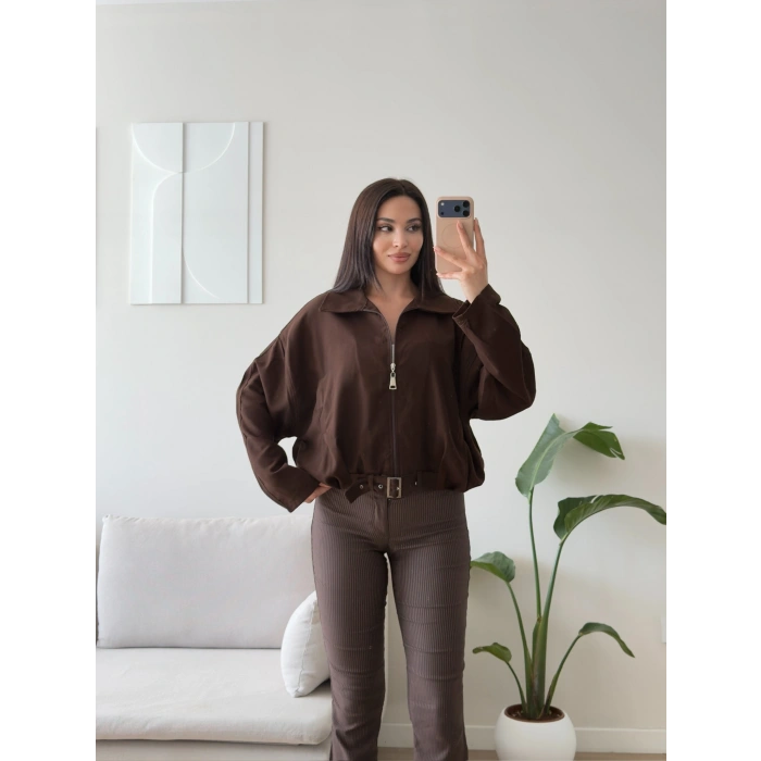 Kemerli Süet Bomber Ceket - KAHVE