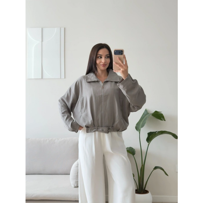 Kemerli Süet Bomber Ceket - GRİ