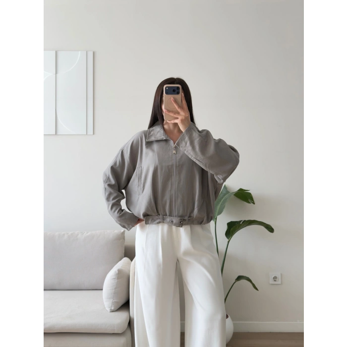 Kemerli Süet Bomber Ceket - GRİ