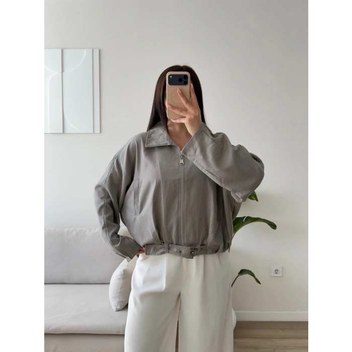 Kemerli Süet Bomber Ceket - GRİ