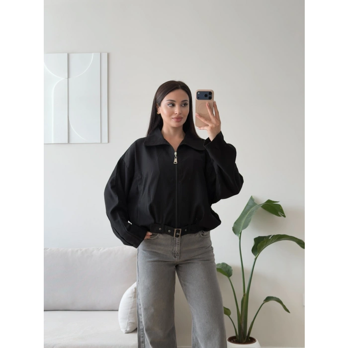 Kemerli Süet Bomber Ceket - SİYAH