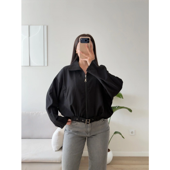 Kemerli Süet Bomber Ceket - SİYAH