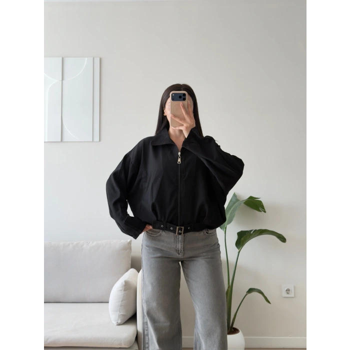 Kemerli Süet Bomber Ceket - SİYAH