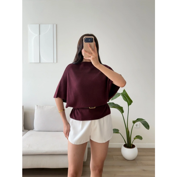 Kemerli Yarasa Bluz - BORDO