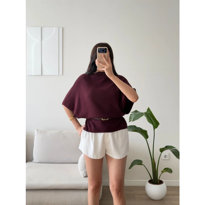 Kemerli Yarasa Bluz - BORDO