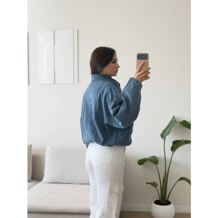 Kemerli Yarasa Denim Ceket - AÇIK