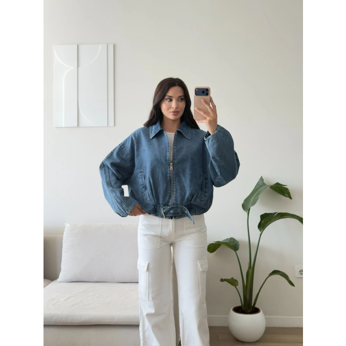 Kemerli Yarasa Denim Ceket - AÇIK