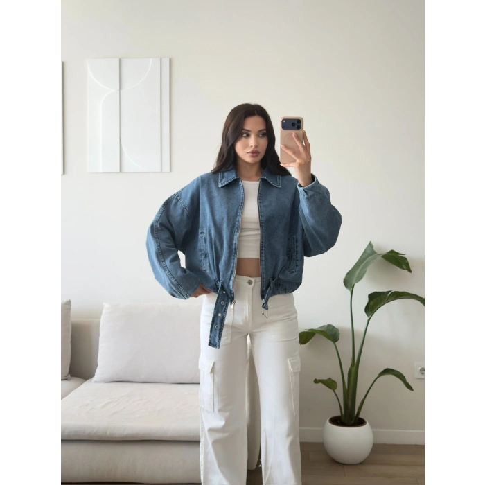 Kemerli Yarasa Denim Ceket - AÇIK