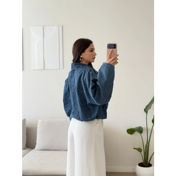 Kemerli Yarasa Denim Ceket - KOYU