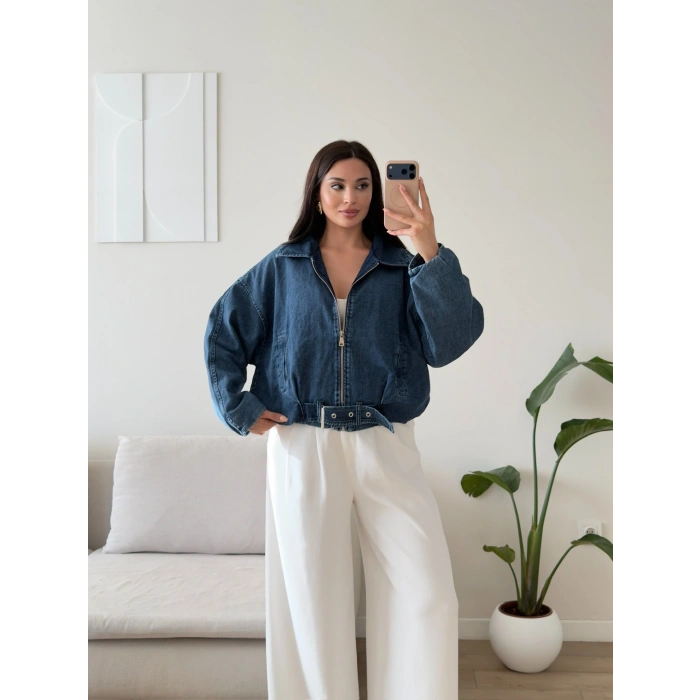Kemerli Yarasa Denim Ceket - KOYU