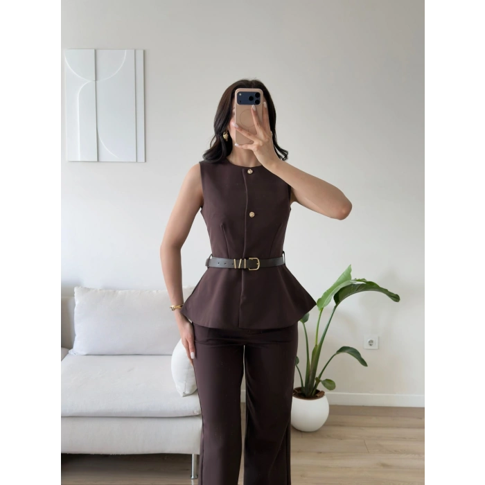 Kemerli Yelek Pantolon Takım - KAHVE