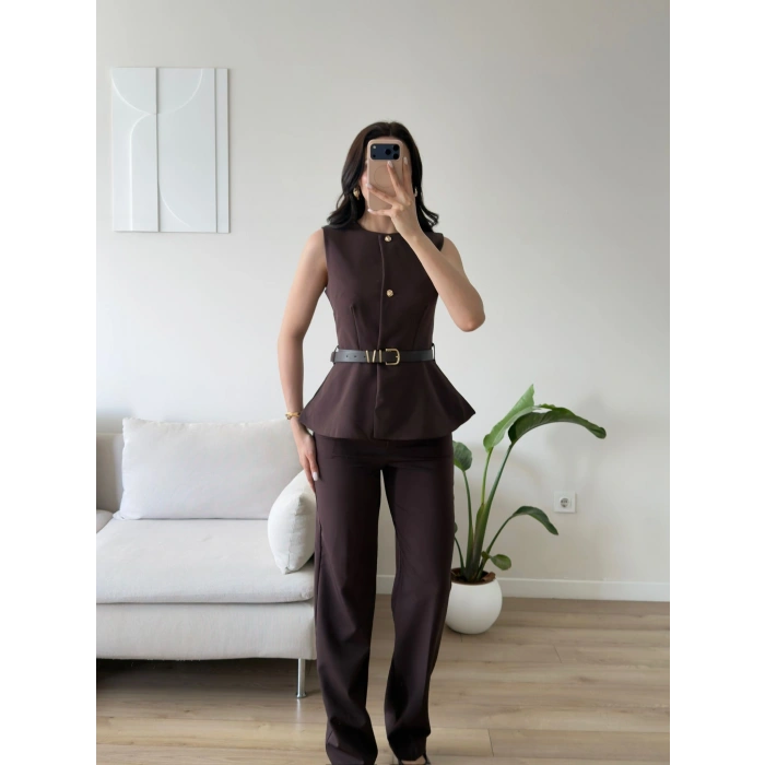 Kemerli Yelek Pantolon Takım - KAHVE