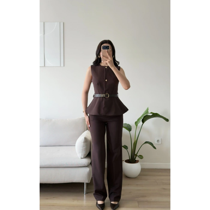 Kemerli Yelek Pantolon Takım - KAHVE