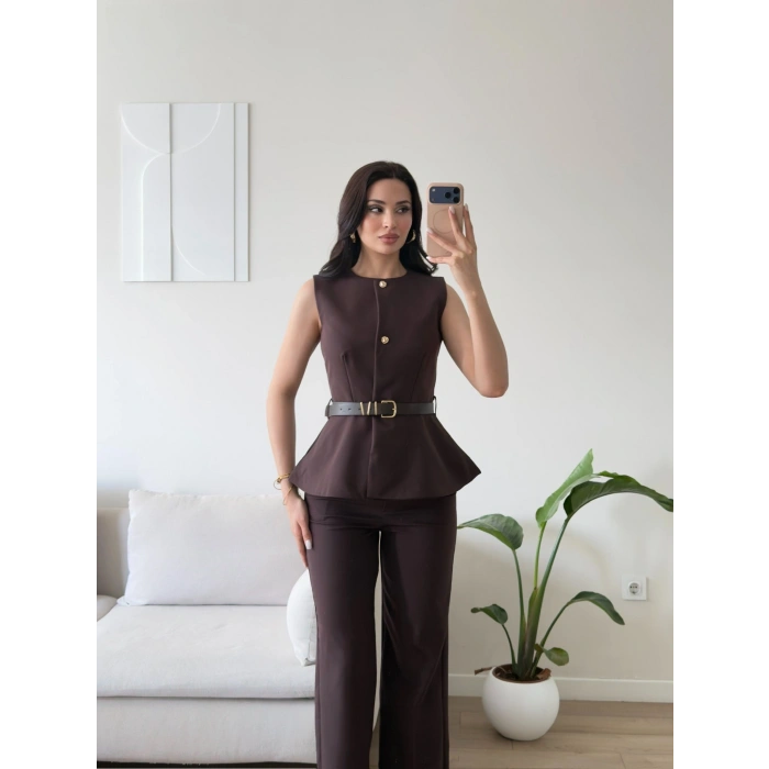 Kemerli Yelek Pantolon Takım - KAHVE