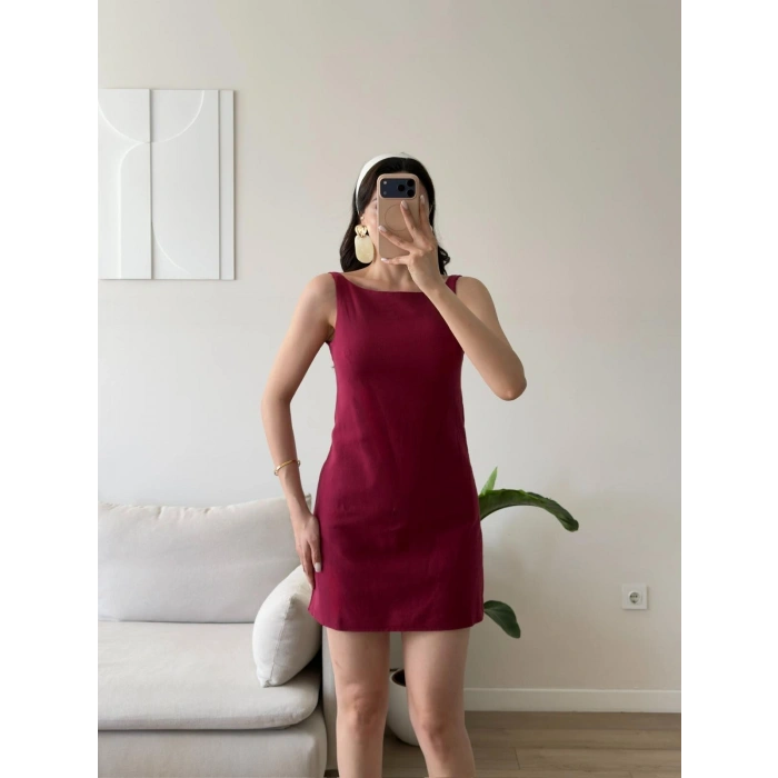 Keten Sırt Fermuar Mini Elbise - BORDO