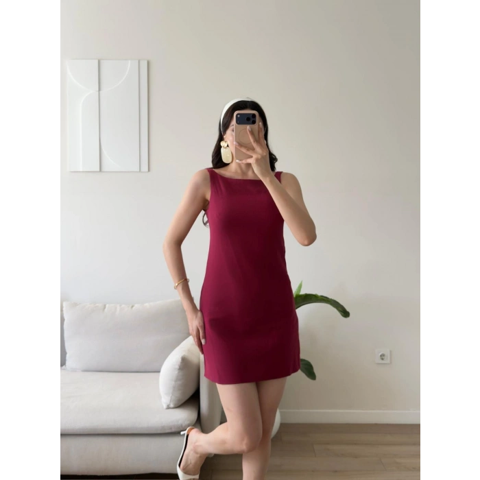 Keten Sırt Fermuar Mini Elbise - BORDO