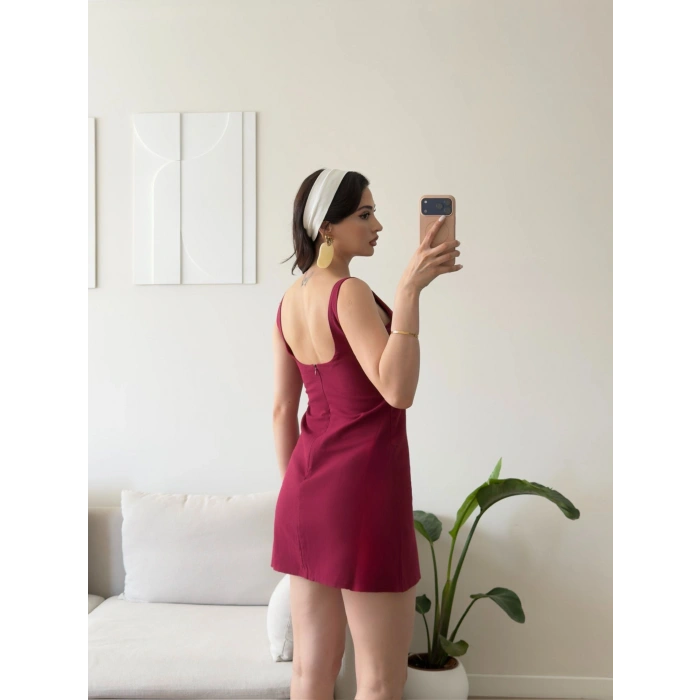 Keten Sırt Fermuar Mini Elbise - BORDO