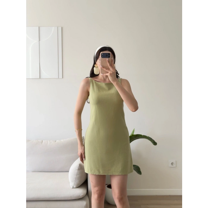 Keten Sırt Fermuar Mini Elbise - YEŞİL