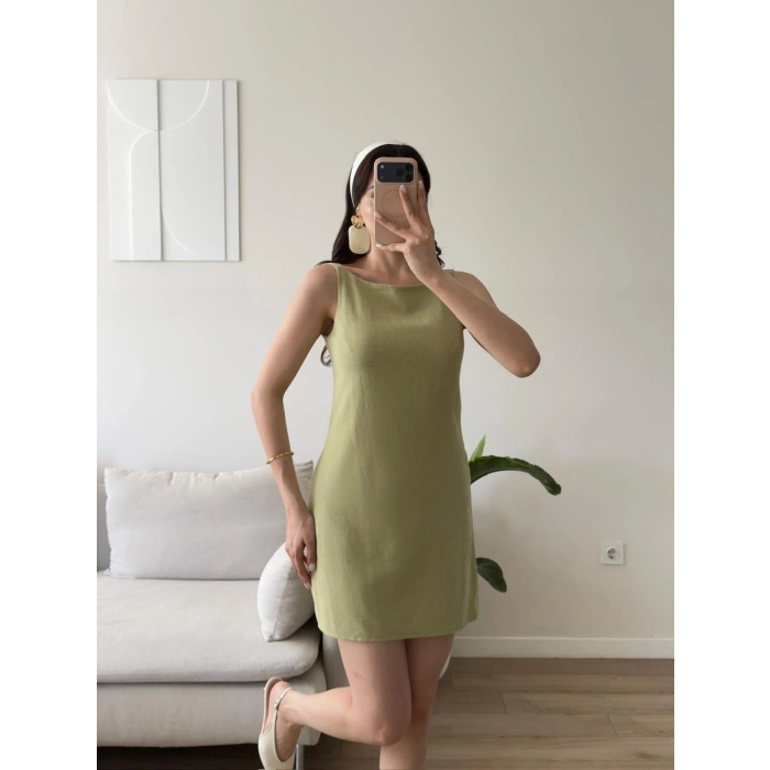 Keten Sırt Fermuar Mini Elbise - YEŞİL