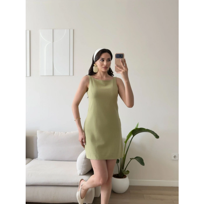 Keten Sırt Fermuar Mini Elbise - YEŞİL