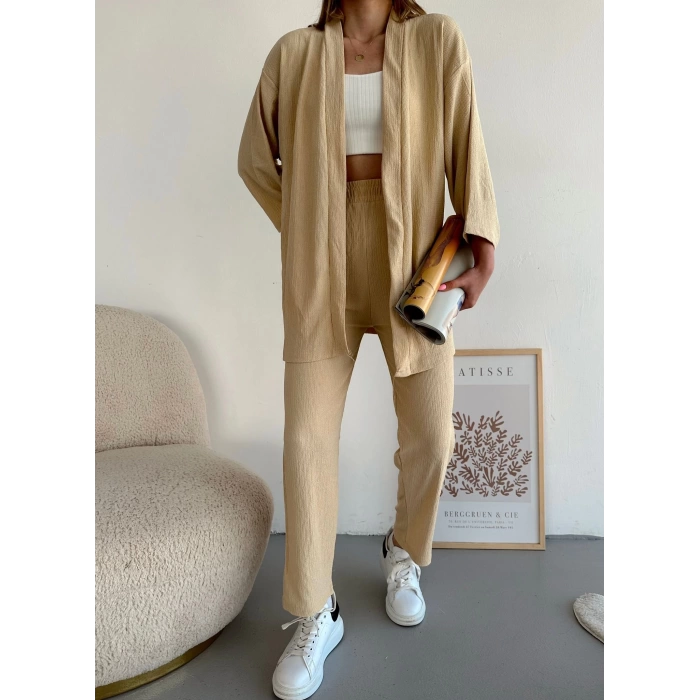 Kimono Salaş Pantolon Takım-BEJ