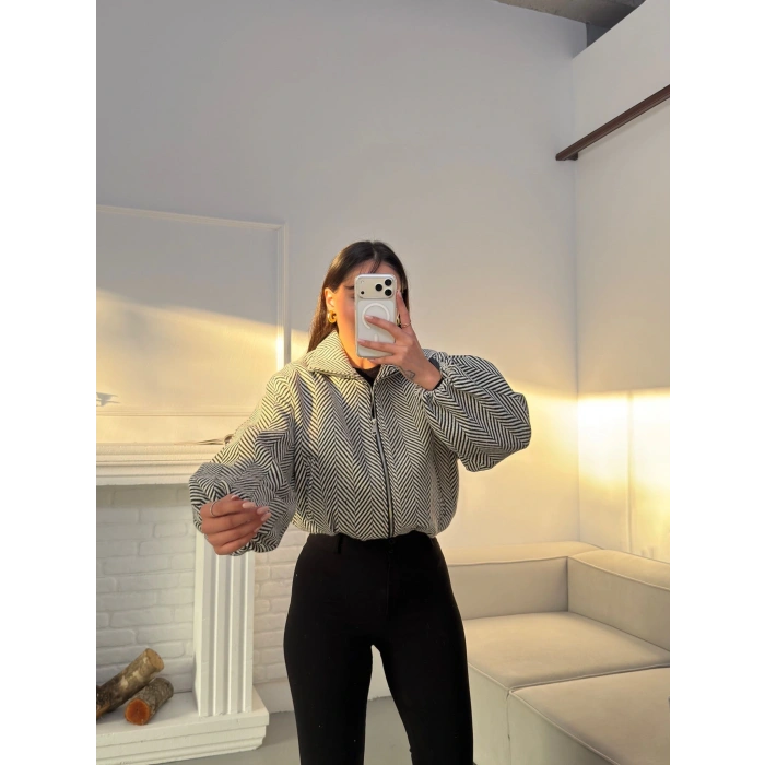 Kırçıllı Fermuar Ceket - BEYAZ