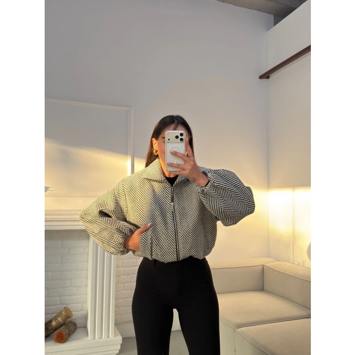 Kırçıllı Fermuar Ceket - BEYAZ