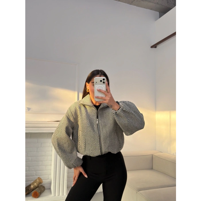 Kırçıllı Fermuar Ceket - BEYAZ