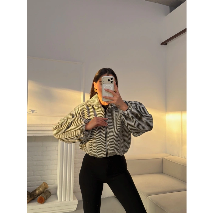 Kırçıllı Fermuar Ceket - BEYAZ