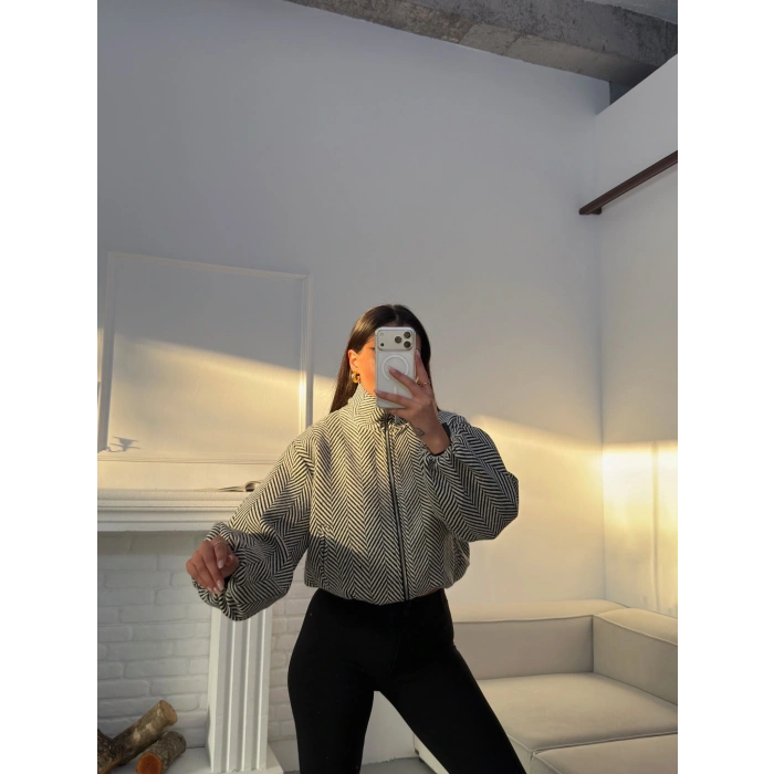 Kırçıllı Fermuar Ceket - BEYAZ