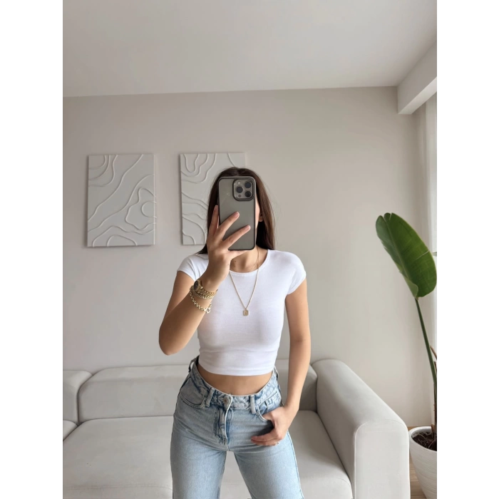 Kısa Kol Basic Crop - BEYAZ