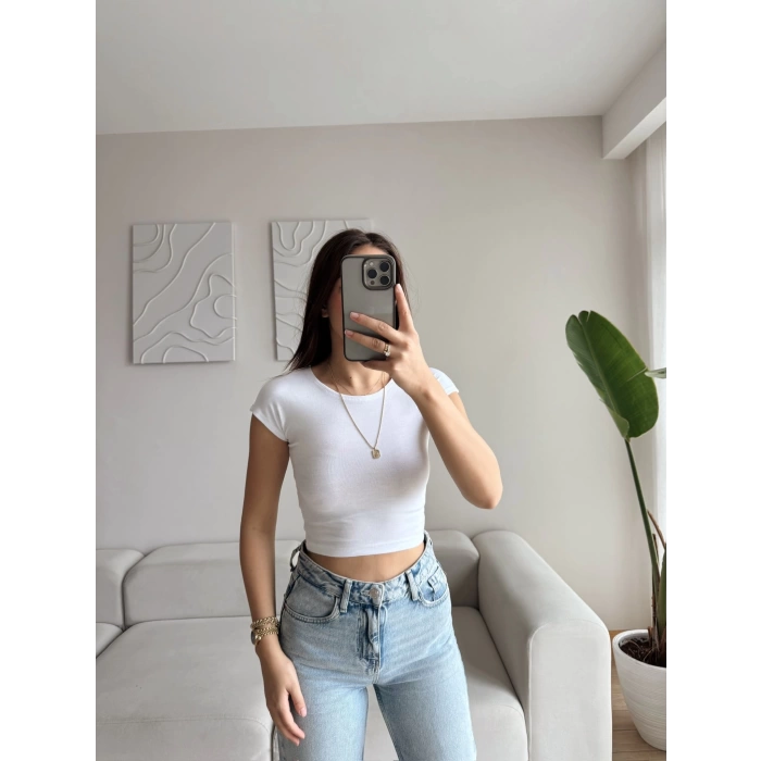 Kısa Kol Basic Crop - BEYAZ