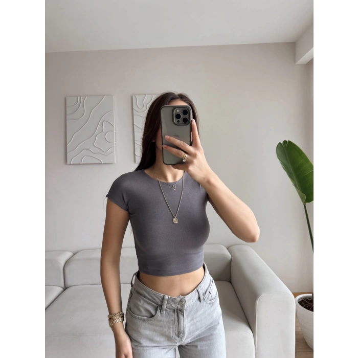 Kısa Kol Basic Crop - GRİ