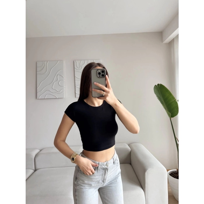 Kısa Kol Basic Crop - SİYAH