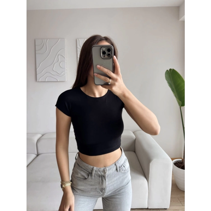 Kısa Kol Basic Crop - SİYAH