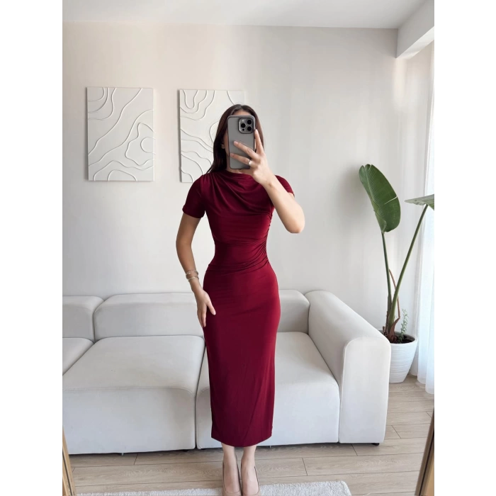 Kısa Kol Drapeli Elbise - BORDO