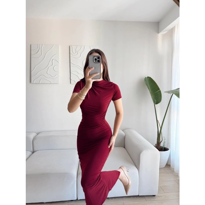 Kısa Kol Drapeli Elbise - BORDO