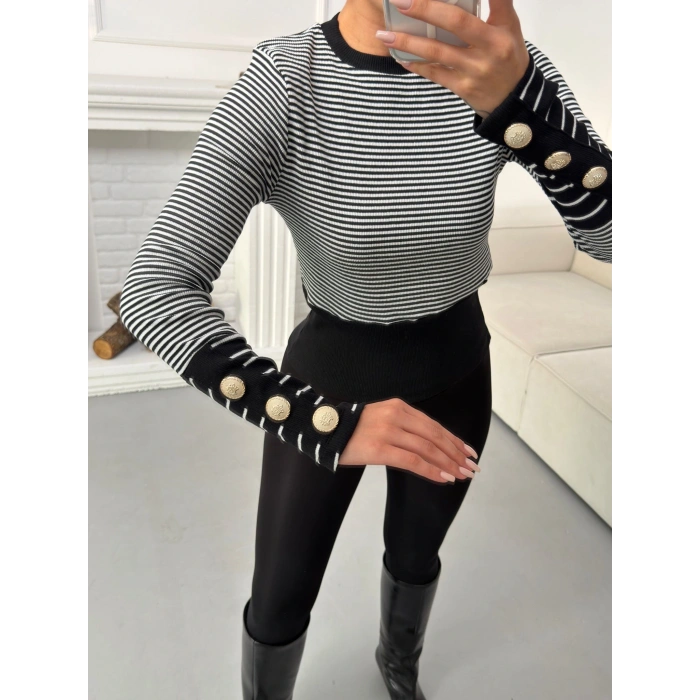 Kol Düğmeli Çizgili Bluz