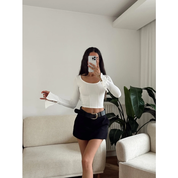 Kol İspanyol Biyeli Crop - BEYAZ
