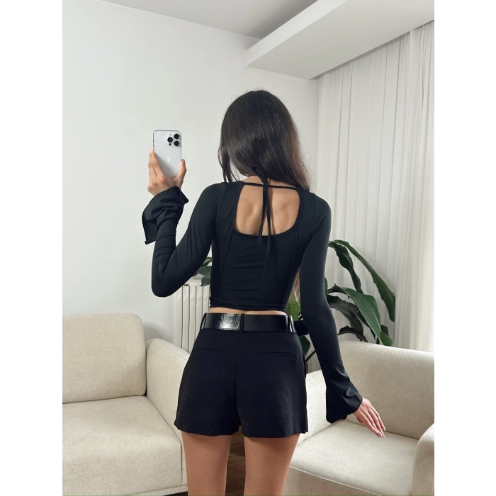 Kol İspanyol Biyeli Crop - SİYAH