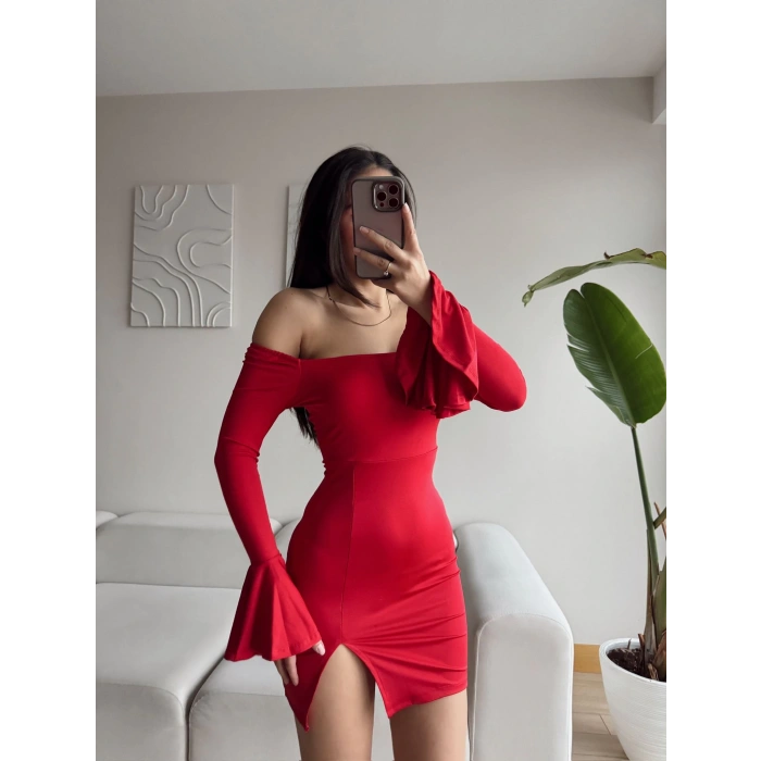 Kol İspanyol Yırtmaç Detay Elbise - KIRMIZI